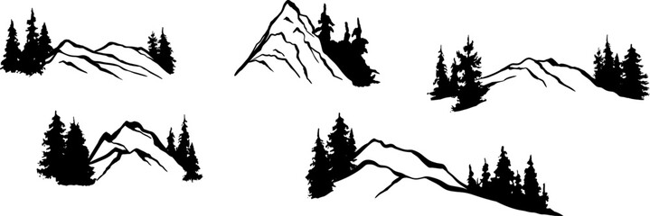 Set of vector silhouettes - Mountains, hills and trees. Design elements. Mountain ranges, hills and forests, fir tree, outdoors, nature, travel, climbing
