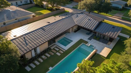 Fototapeta premium aerial view of a suburban mid-century modern home with a sleek, flat roof and an expansive backyard pool