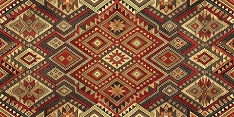 Geometric Pattern in Red, Brown, and Gold Tones, Digital Illustration, Abstract Design, Symmetrical Composition, Tribal Art