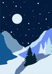 Fototapeta premium Flat winter vector poster landscape with silhouettes of trees, hills and mountains with falling snow, Christmas scene, panorama, horizon, fir tree, cold weather, Northern