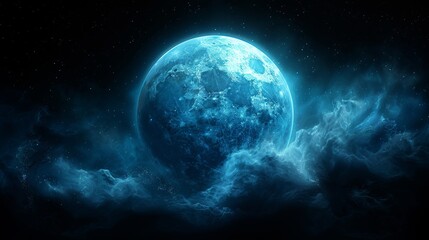 Abstract earth representation with global network in glowing dots on black background