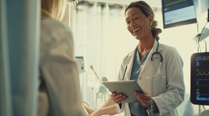 Fototapeta premium Doctor consultation with the patient by using digital tablet, female doctor with tablet computer talking to woman