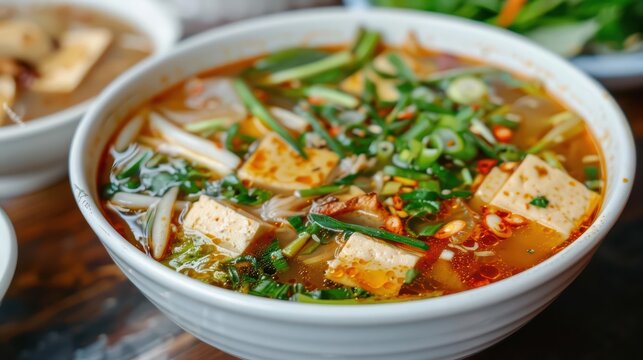 Gaeng Jued in motion, with clear broth, tofu, and vegetables separating in a comforting and delicate explosion