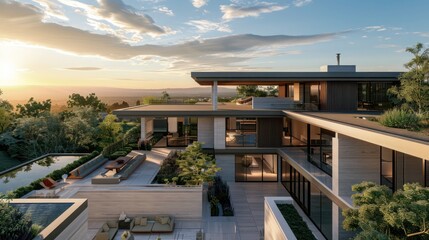 Obraz premium view from the top of a suburban contemporary home, showcasing its symmetrical design and integration with the landscape