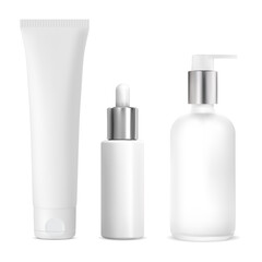 Realistic cosmetic bottle set. Pump bottle, serum
