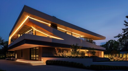 Obraz premium suburban modern home's exterior at night, with architectural lighting accentuating its unique angles and surfaces