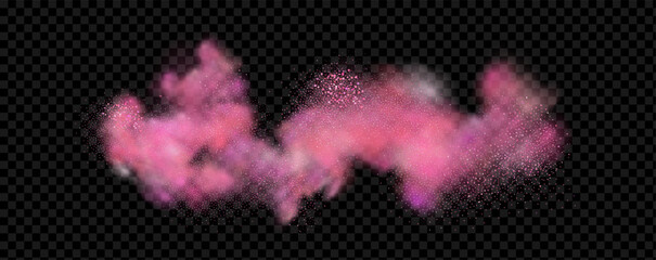 Pink powder dust with glittering shimmering swirls, shiny glitter design. Magical motion, sparkling lines on a black background.