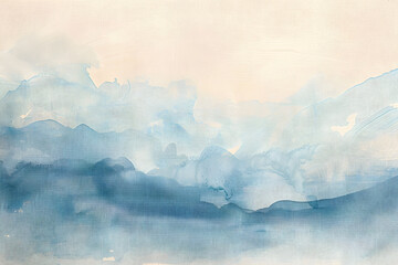 Fototapeta premium Smoke Ink watercolor, acrylic hand drawn painting blot. Wave blue, beige, white landscape on wet beige paper texture background.