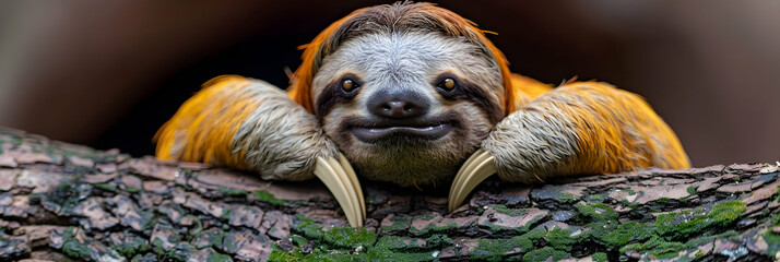 Obraz premium Sloth resting in the crook of a tree, with moss-covered bark and a serene expression on its face, leaving ample copy space below