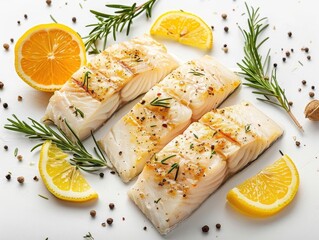 Fresh fish fillet with lemon and rosemary, arranged in a neat flat lay,