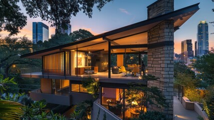 Fototapeta premium suburban mid-century modern home with an angular, cantilevered second story that offers a stunning view of the city skyline