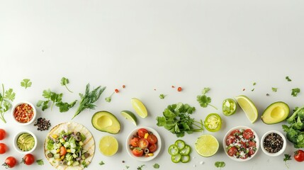 A variety of fresh ingredients including avocados, tomatoes, lime, and herbs laid out on a white background, perfect for preparing a healthy salad.