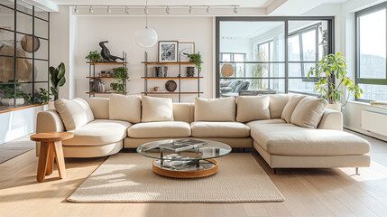 Fototapeta premium Modern Spacious Living Room with Elegant Beige Sofa and Natural Light