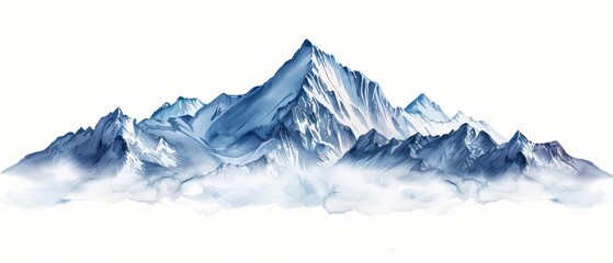 Majestic mountains illustrated with sweeping watercolor peaks isolate on white background