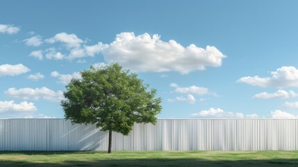 Obraz premium A solitary tree stands against a clear sky with a white fence in the background, exuding tranquility and peace
