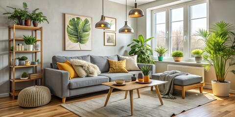 Fototapeta premium Modern Living Room with Gray Sofa and Wooden Coffee Table, Contemporary Interior Design, Home Decor, Living Space, Plants, Light, Natural Light