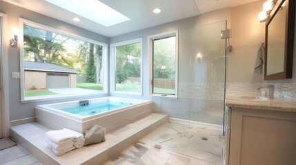 Suburban Mid-Century Modern bathroom with a freestanding tub, large skylight, and tranquil, spa-like ambiance