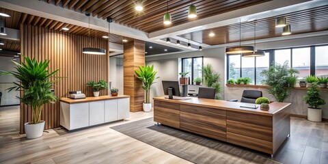 Fototapeta premium Modern Office Interior with Wood Paneling, Wooden Desk, and Plants, office interior, modern design, wood accents, plants