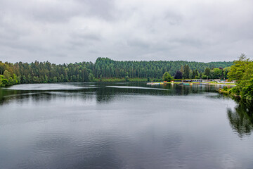 Lake Robertville with its calm waters, slight reflection on water surface, recreational area and green leafy pine trees in background, cloudy day in Waimes, Belgium