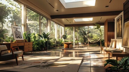 Fototapeta premium suburban mid-century modern home with a dedicated art studio featuring large skylights and views of the surrounding nature