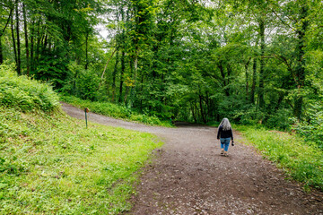 Path on a hill between abundant green leafy trees with an older adult woman descending mountain, back to camera, cloudy day in Ferrieres, Belgium
