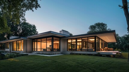 suburban home with a modern architectural twist, featuring a series of interconnected pavilions with flat roofs and expansive windows