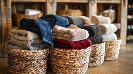 Obraz premium Piles kitchen towels in baskets