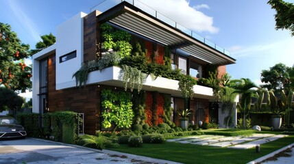 Obraz premium suburban contemporary home with an integrated smart garden, featuring vertical farming on the facade