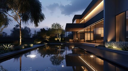Naklejka premium suburban contemporary home with a minimalist fa? section ade, hidden LED lighting, and a reflective water feature