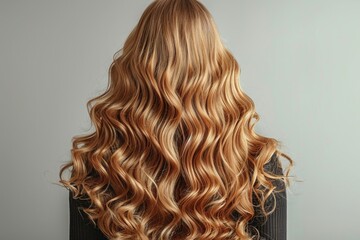 Fototapeta premium A back view of a woman with long, wavy, blonde hair, showcasing the beauty and texture of her hair, set against a neutral background.