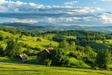 Obraz premium A beautiful, lush green field with a small house in the middle. The sky is cloudy, but the sun is shining through the clouds, creating a peaceful and serene atmosphere
