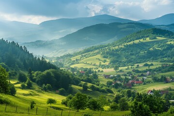 Obraz premium A beautiful mountain landscape with a small village in the distance. The sky is cloudy, but the sun is shining through the clouds, creating a warm and peaceful atmosphere. The lush green hills