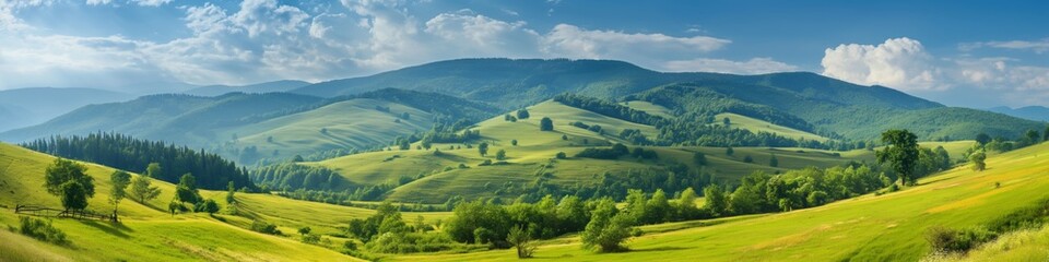 Obraz premium A beautiful green field with a mountain in the background. The sky is clear and the sun is shining