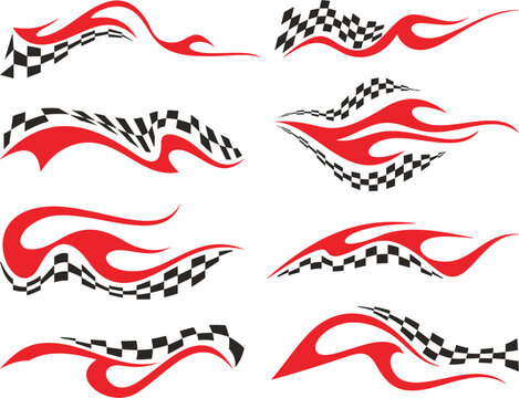Vector Racing Flame Designs with Checkered Flags for Vehicle Vinyl Decals. Ready-to-cut graphics, great for sport cars, ATVs, trucks, motors and bikes.