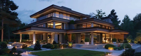 Obraz premium Luxurious modern house at dusk with warm lighting and large windows.
