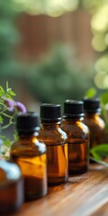 A row of brown bottles of essential oils are lined up on a wooden table. The bottles are of different sizes and are arranged in a neat row. Concept of calm and relaxation