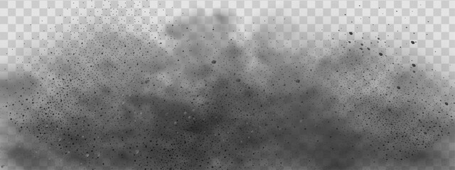 Vector background of a sand explosion with dirt and cloud smoke. Brown sandstorm splash and  dirty ground with a textured wind effect.Yellow flying particles and stone.