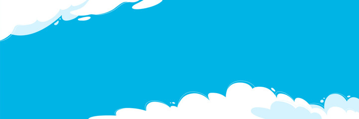 Dynamic composition with cloud in the corner and below. Vector frame for banner with soft clouds on bright blue background. Place for text. Cute illustration in cartoon style.