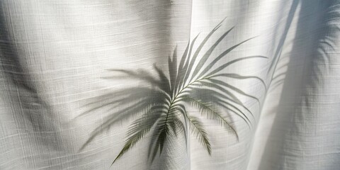 Shadowy Palm Leaf Silhouette on White Curtain, photography, minimalist, nature, light, plant, shadow