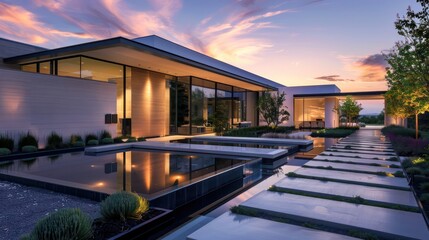 Obraz premium Suburban Contemporary home's sleek entry with a reflective water feature and minimalist landscaping under twilight skies