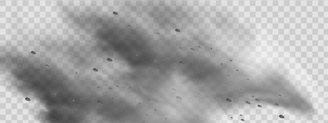 Vector background of a sand explosion with dirt and cloud smoke. Brown sandstorm splash and  dirty ground with a textured wind effect.Yellow flying particles and stone.