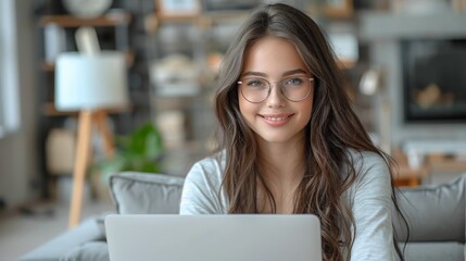 A young woman with long brown hair and glasses, sitting on a couch with a laptop, smiling at the camera, creating a cozy and productive atmosphere.

