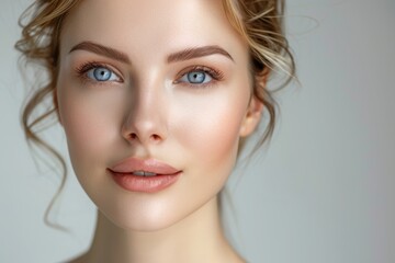 Naklejka premium A close-up portrait of a young woman with blue eyes and curly blonde hair, highlighting her flawless skin and natural beauty.