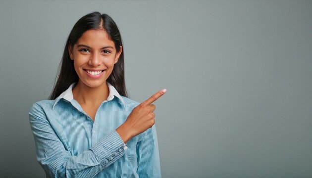 Happy young smiling professional business woman wearing blue shirt looking at camera pointing finger away at copy space showing aside presenting advertising offer standing isolated at gray background 
