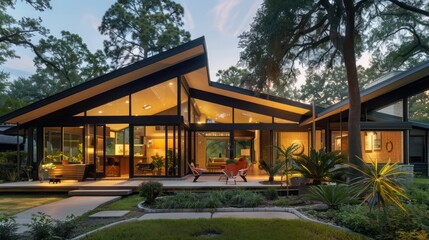 picturesque suburban home with mid-century modern influences, including a butterfly roof and floor-to-ceiling windows
