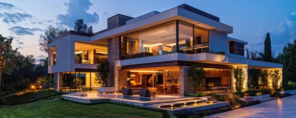 Obraz premium Luxurious modern house at dusk with warm lighting and large windows.