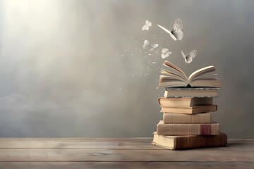 A stack of vintage books with an open book releasing butterflies into a dreamy, ethereal atmosphere.