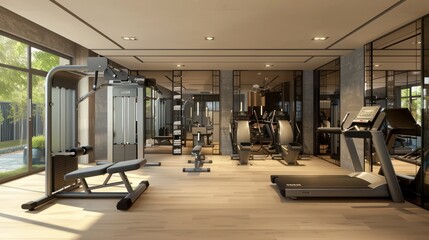 panoramic home gym in a suburban contemporary house, with full-length mirrors and state-of-the-art equipment