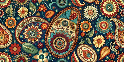 Vibrant Floral Paisley Pattern with Teal, Red, Yellow and Orange Hues on a Dark Blue Background, paisley , pattern , floral , digital art