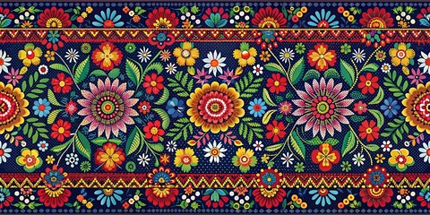 Vibrant Floral Pattern with Intricate Details, Digital Painting, Colorful Flowers, Dark Background, Folk Art, Floral Design, Embroidery